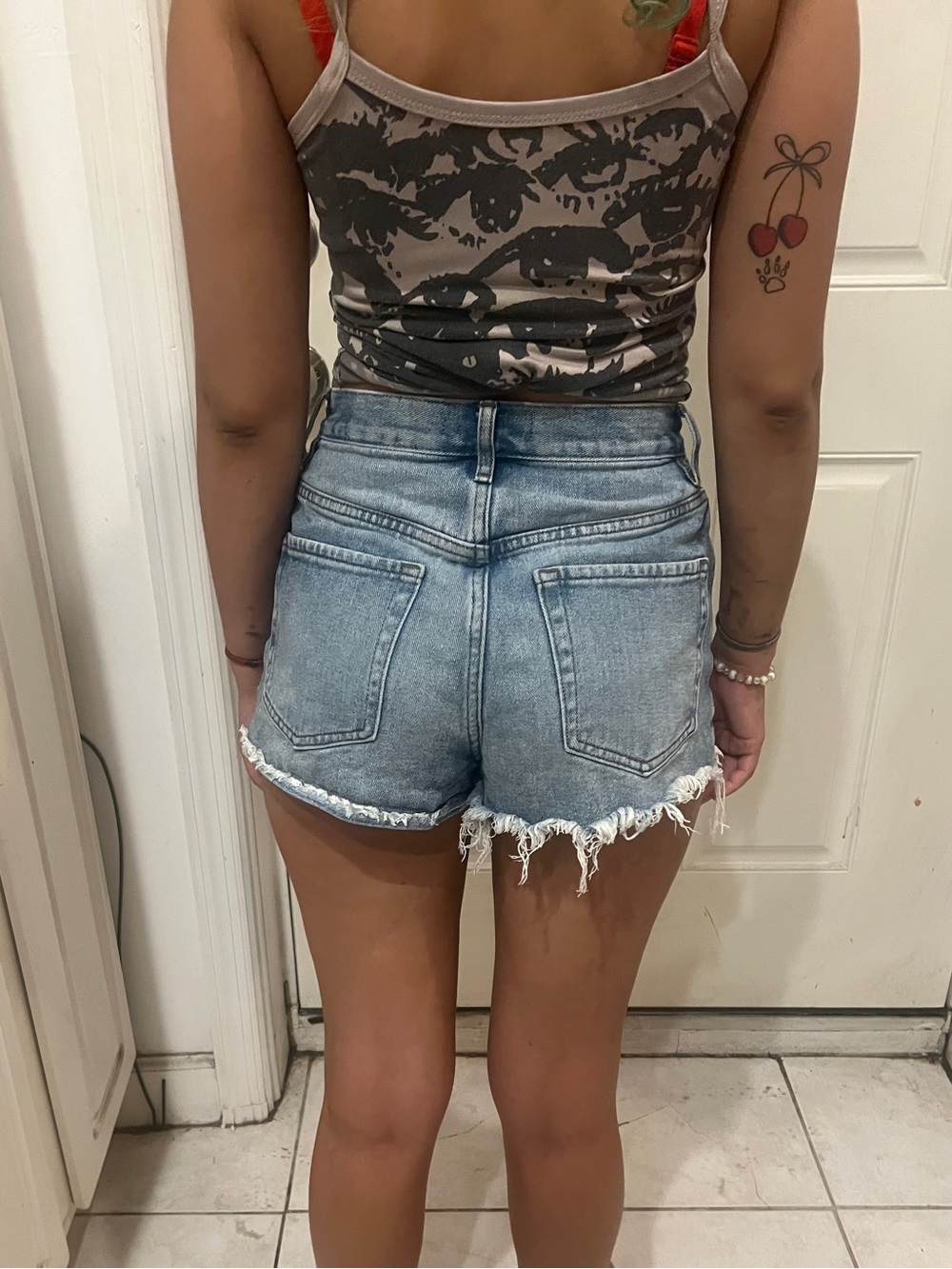 High-Rise Distressed Denim Shorts - Light Blue - Picture 3 of 5